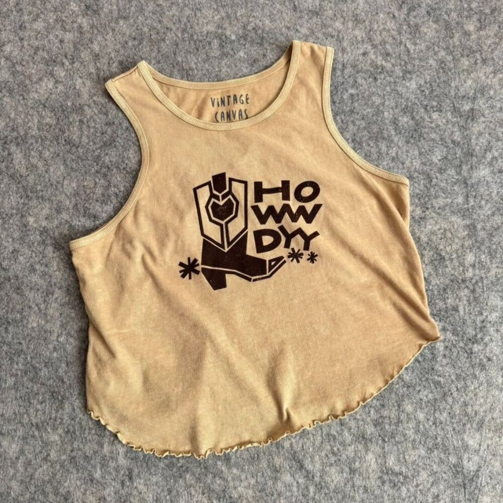 Vintage Canvas HOWDY Top Tank Size Small Tan Cowboy Spur